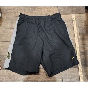NIKE mens nylon mesh lined shorts Sz Large Black Grey Yellow elastic waist swim